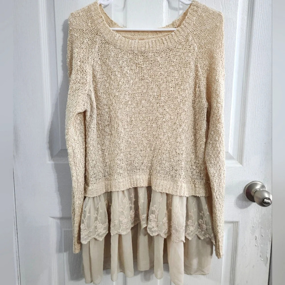 Cream open knit sweater tunic embroidered lace antique balletcore Fairy Med - Picture 1 of 8